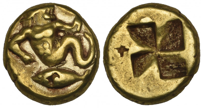 Mysia, Kyzikos, electrum hekte, c. 500-450 BC, triton reclining left over tunny ...
