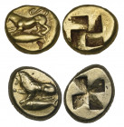Mysia, Kyzikos, electrum hektes (2), c. 500-450 BC, types of lion left on tunny fish and panther left on tunny fish, rev., quadripartite incuse square...