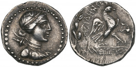 Troas, Abydos, tetradrachm, c. 80-70 BC, bust of Artemis right, bow and quiver at shoulder, rev., ΑΒΥΔΗΝΩΝ, eagle standing right; in field before, dol...