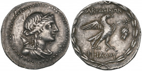 Troas, Abydos, tetradrachm, c. 80-70 BC, bust of Artemis right, bow and quiver at shoulder, rev., ΑΒΥΔΗΝΩΝ, eagle standing right; in field before, sta...