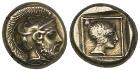 Lesbos, Mytilene, electrum hekte, c. 406 BC, bearded head of Ares right wearing crested helmet adorned with leaping griffin, rev., head of an amazon r...