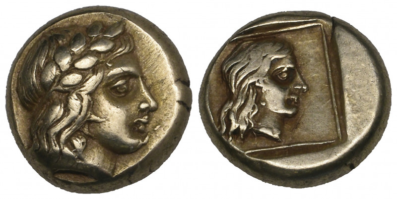 Lesbos, Mytilene, electrum hekte, c. 396 BC, laureate head of young Apollo right...