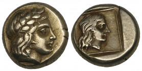 Lesbos, Mytilene, electrum hekte, c. 396 BC, laureate head of young Apollo right, rev., female head right with long flowing hair, 2.55g (Bodenstedt 70...