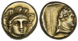 Lesbos, Mytilene, electrum hekte, c. 364 BC, helmeted head of Athena facing three-quarters right, rev., head of Hermes right, petasos at back of neck,...