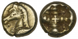 Ionia, uncertain mint, electrum hemihekte, c. 600-550 BC, horse’s head left, rev., incuse punch with cruciform design centred with cross, 1.19g (Weida...