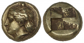 Ionia, Phokaia, electrum hekte, c. 477-388 BC, female head left with long flowing hair, rev., quadripartite incuse square, 2.56g (Bodenstedt 78, b/γ d...