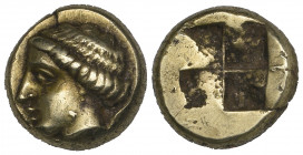 Ionia, Phokaia, electrum hekte, c. 477-388 BC, female head left, hair rolled, rev., quadripartite incuse square, 2.56g (Bodenstedt 79; cf. CNG 99 (201...