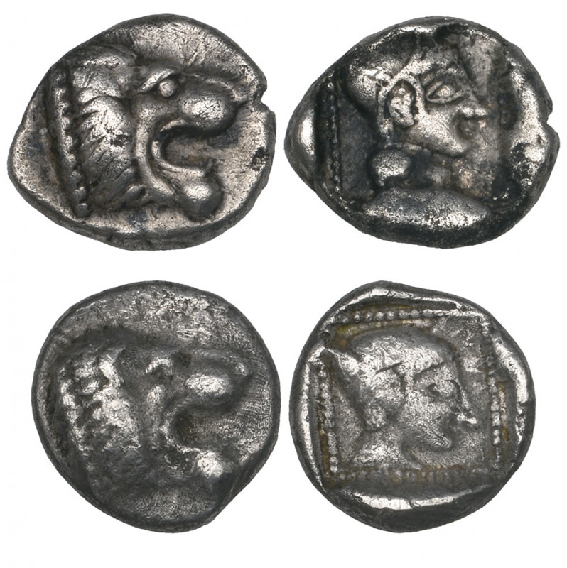 Karia, Knidos, trihemiobols (2), c. 530-520 BC, lion’s head right, rev., head of...
