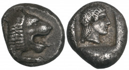 Karia, Knidos, drachm, c. 449-411 BC, forepart of lion right with open jaws, rev., head of Aphrodite right, hair in ponytail down neck, 6.16g (Cahn 90...