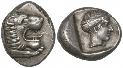 Karia, Knidos, drachm, c. 411-394 BC, forepart of lion right with open jaws, rev., head of Aphrodite right, hair bound in ornamented sphendone, 6.20g ...