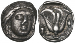 Rhodes, tetradrachm, 4th century BC, head of Helios facing three-quarters right, rev., ΡΟΔ-ΙΟΝ, rose with buds and E in right field, 14.89g (cf. Hecat...
