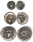 Rhodes, hemidrachm, c. 340-316 BC, facing head of Helios, rev., rose; grapes on left, 1.62g (Ashton 103), edge damage, very fine; drachm, 1st century ...