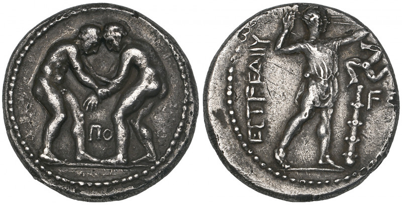 Pamphylia, Aspendos, stater, c. 330-250 BC, two wrestlers in combat; ΠΟ between ...