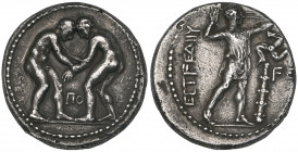 Pamphylia, Aspendos, stater, c. 330-250 BC, two wrestlers in combat; ΠΟ between legs, rev., slinger right; to right, triskeles, club and FE, 10.49g (c...