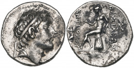 Seleucid Empire, Antiochus III (222-187 BC), tetradrachm, uncertain mint, diademed head right, rev., Apollo seated left on omphalos, holding arrow and...