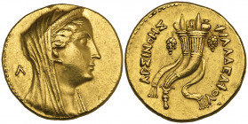 Ptolemaic Empire, Ptolemy II (283-246 BC), gold mnaieion (octadrachm), Alexandria, c. 252/1-250/49 BC, diademed and veiled head of Arsinoe II right, l...