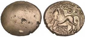 Ancient British, Cantii, gold stater, plain obverse, rev., horse with flared nostrils running left; cross-hatched net below; pellets, annulets and S-s...