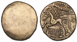 Ancient British, Cantii, gold quarter stater, obverse plain, rev., horse left with corded triangle above and cross-hatched net below; annulets/pellets...