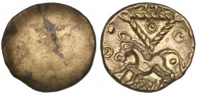 Ancient British, Cantii, gold quarter stater, obverse plain, rev., horse left with corded triangle above and cross-hatched net below; annulets/pellets...