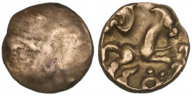Ancient British, Cantii, gold quarter stater, obverse with slight markings, rev., horse running right; curved ornament above, 1.35g (ABC 201; S. 44), ...