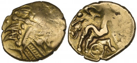 Ancient British, Regni/Atrebates, gold stater, wreath design, rev., horse right with wheel below, 5.69g (ABC 485; S. 38), partly weak, some marks, ver...