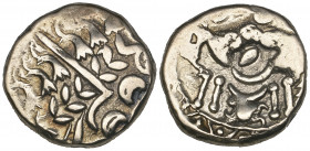 Ancient British, Belgae, gold stater, wreath design, rev., horse left, “crab” below, 6.46g (ABC 746; S. 22), very fine

Estimate: GBP 300-350