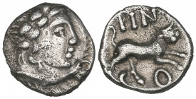 Ancient British, Regni/Atrebates, Tincomarus (c. 25BC-AD 10), silver unit, laureate head right, rev., TIN-CO, bull rearing right, 1.11g (ABC 1115; S. ...