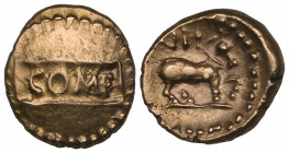Ancient British, Regni/Atrebates, Verica (c. AD 10-40), gold quarter stater, COM F on tablet, rev., horse stepping right; VI above, 1.15g (ABC 1202; S...
