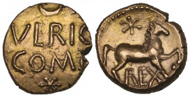 Ancient British, Regni/Atrebates, Verica (c. AD 10-40), gold quarter stater, VERIC COM F, crescent above and star below, rev., REX, horse stepping rig...