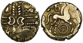 Catuvellauni, gold stater, crossed wreaths design, rev., horse right, wheel below, 5.63g (ABC 2442; S. 32), partly weak, good very fine

Estimate: G...