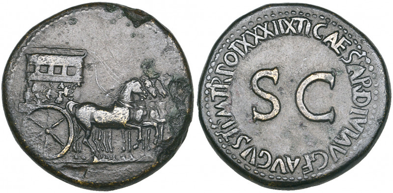 Tiberius (14-37), sestertius, Rome, 36-37, empty triumphal quadriga, rev., inscr...