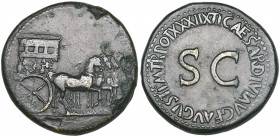 Tiberius (14-37), sestertius, Rome, 36-37, empty triumphal quadriga, rev., inscription around SC, 27.32g (RIC 66; BMC 130), some areas of corrosion bu...