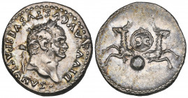 Divus Vespasian, denarius, struck by Titus, Rome, 80-81, laureate head right, rev., foreparts of capricorns supporting shield inscribed SC, 3.49g (RIC...