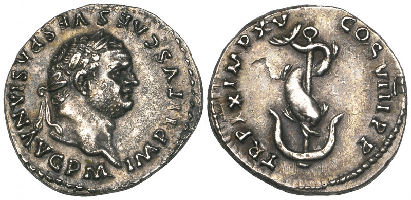 Titus (79-81), denarius, Rome, 80, laureate head right, rev., dolphin coiled aro...