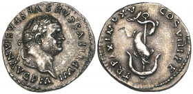 Titus (79-81), denarius, Rome, 80, laureate head right, rev., dolphin coiled around anchor, 3.52g (RIC 112; BMC 72), slight reverse flan flaw, extreme...