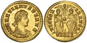 Gratian (367-383), solidus, Trier, 373-375, diademed bust right, rev., VICTOR-IA AVGG, two emperors seated facing, holding globe between them and with...