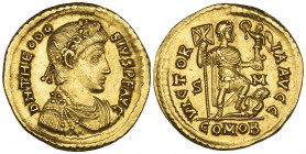 Theodosius I (379-395), solidus, Sirmium, 395, D N THEODO-SIVS PF AVG, diademed, draped and cuirassed bust right, rev., VICTOR-IA AVGG, emperor standi...