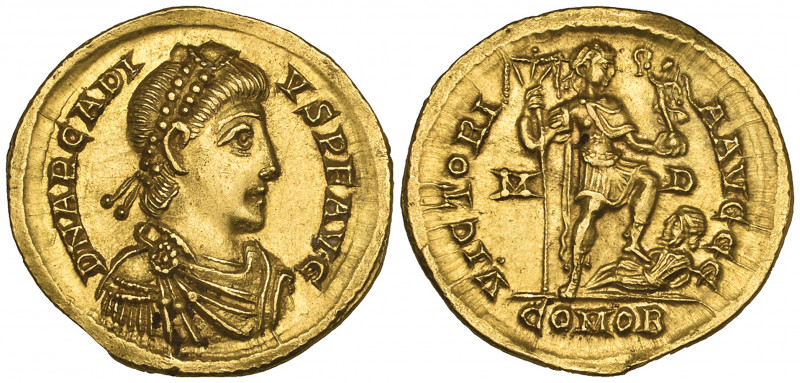 Arcadius (383-408), solidus, Milan, 395-402, diademed, draped and cuirassed bust...