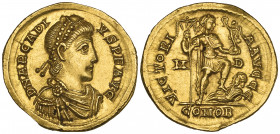 Arcadius (383-408), solidus, Milan, 395-402, diademed, draped and cuirassed bust right, rev., VICTORI-A AVGGG, emperor standing right with labarum and...
