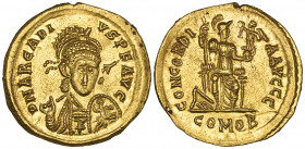 Arcadius (383-408), solidus, Thessalonica, 402-403, helmeted bust, facing with spear and shield, rev., CONCORDI-A AVGGG, Constantinopolis seated, hold...