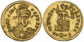 Arcadius (383-408), solidus, Thessalonica, 402-403, helmeted bust, facing with spear and shield, rev., CONCORDI-A AVGGG, Constantinopolis seated, hold...