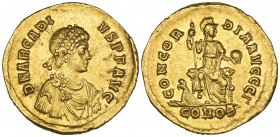 Arcadius (383-408), solidus, Constantinople, 388-392, diademed bust right, rev., CONCOR-DIA AVGGG Γ, Concordia seated on throne, holding globe and spe...