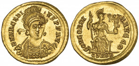 Arcadius (383-408), solidus, Constantinople, 397-402, helmeted bust, facing with spear and shield, rev., CONCORDI-A AVGG Θ, Constantinopolis seated, h...