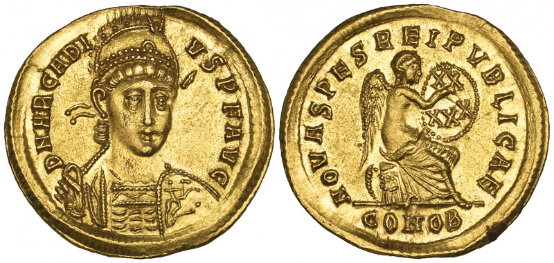 Arcadius (383-408), solidus, Constantinople, 402, helmeted bust, facing with spe...