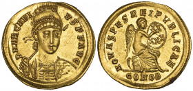 Arcadius (383-408), solidus, Constantinople, 402, helmeted bust, facing with spear and shield, rev., NOVA SPES REI PVBLICAE, Victory seated right, ins...