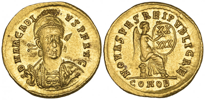 Arcadius (383-408), solidus, Constantinople, 402, helmeted bust, facing with spe...