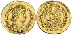 Arcadius (383-408), semissis, Constantinople, 379-402, diademed, draped and cuirassed bust right, rev., VICTORIA AVGVSTORVM, Victory seated right, ins...