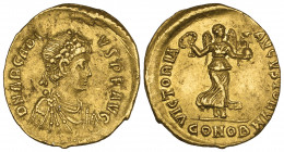 Arcadius (383-408), tremissis, Constantinople, 388-393, diademed, draped and cuirassed bust right, rev., VICTORIA AVGVSTORVM, Victory advancing right ...