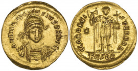 Theodosius II (402-450), solidus, Thessalonica, 425-430, helmeted bust facing three-quarters right, holding spear and shield, rev., GLOR ORVI-S TERRAR...