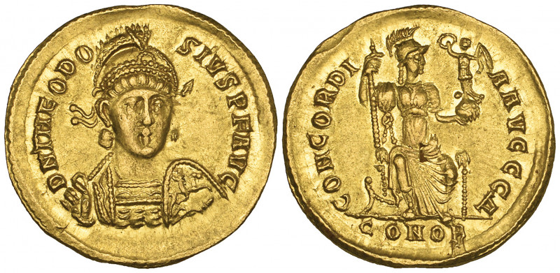 Theodosius II (402-450), solidus, Constantinople, 402-403, helmeted bust facing ...